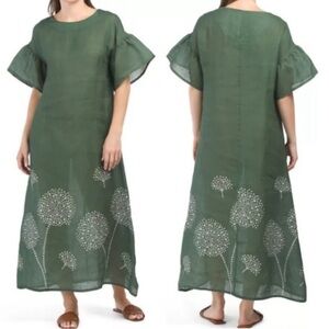 Green Flutter Sleeve Maxi Dress with Crew Neck100l%Linen